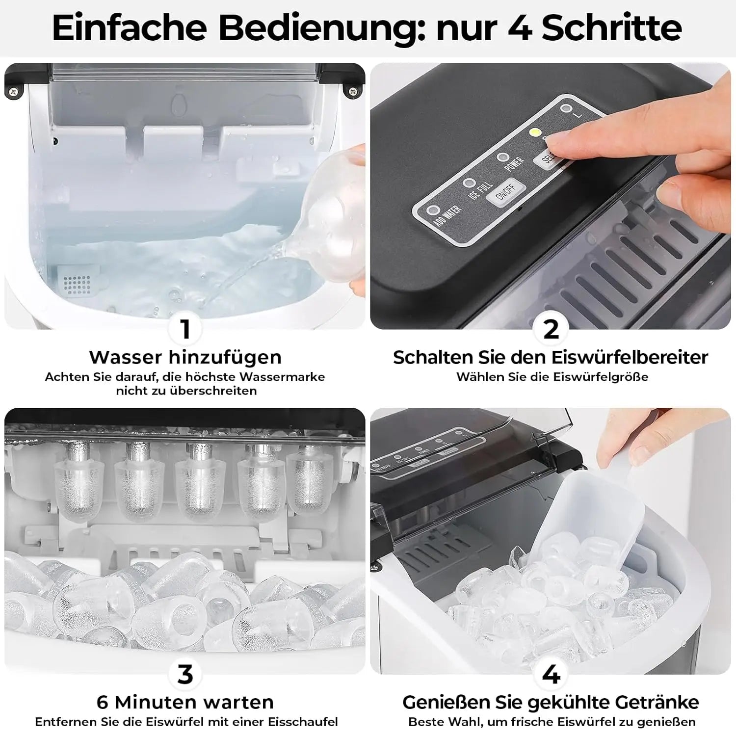 Edelstahl Eiswürfelmaschine, abgebildet in vier Schritten der Bedienungsanleitung.
