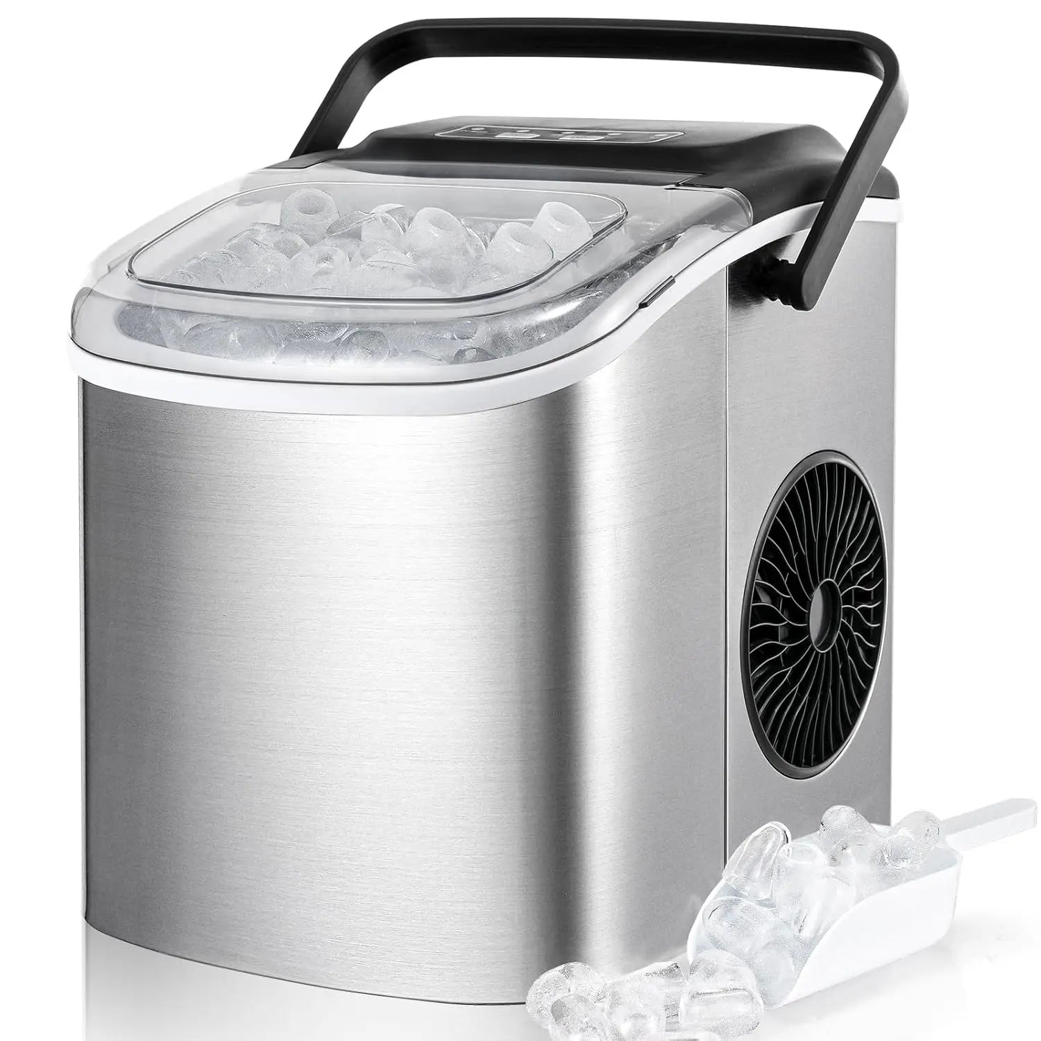 Eiswürfelmaschine aus Edelstahl von EISORA mit transparentem Deckel, Eiswürfeln und einer Schaufel.
