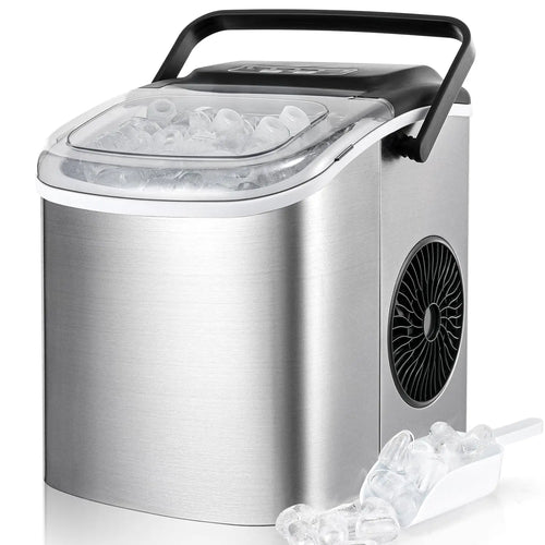 Eiswürfelmaschine aus Edelstahl von EISORA mit transparentem Deckel, Eiswürfeln und einer Schaufel.
