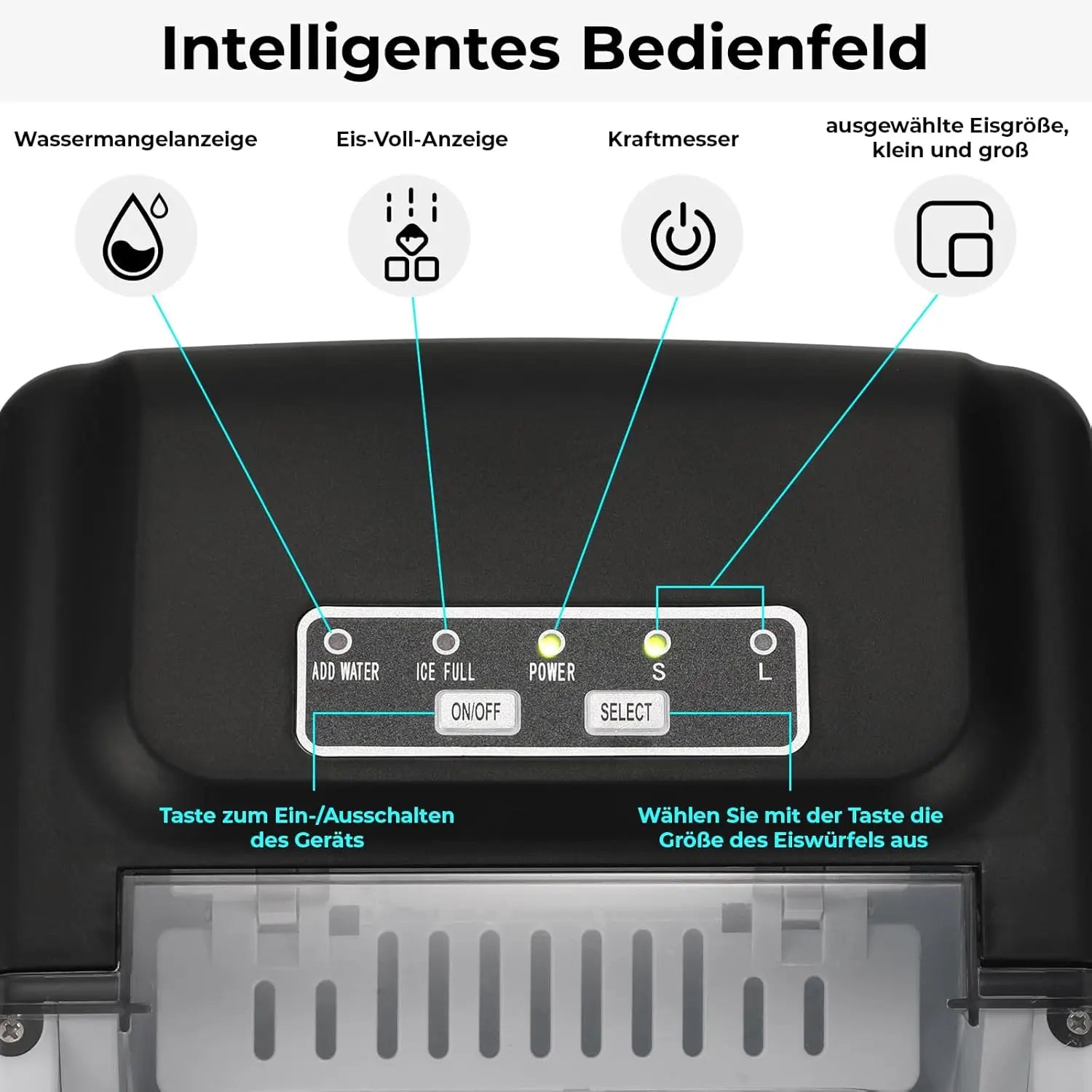 Edelstahl-Eiswürfelmaschine von Eisora, mit Bedienelementen für Wassermangelanzeige, Eis-Voll-Anzeige und Eiswürfelgröße.