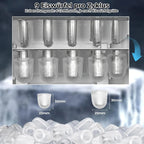 Edelstahl-Eiswürfelmaschine von EISORA, mit detaillierten Maßangaben und Eiswürfel-Nahaufnahme.
