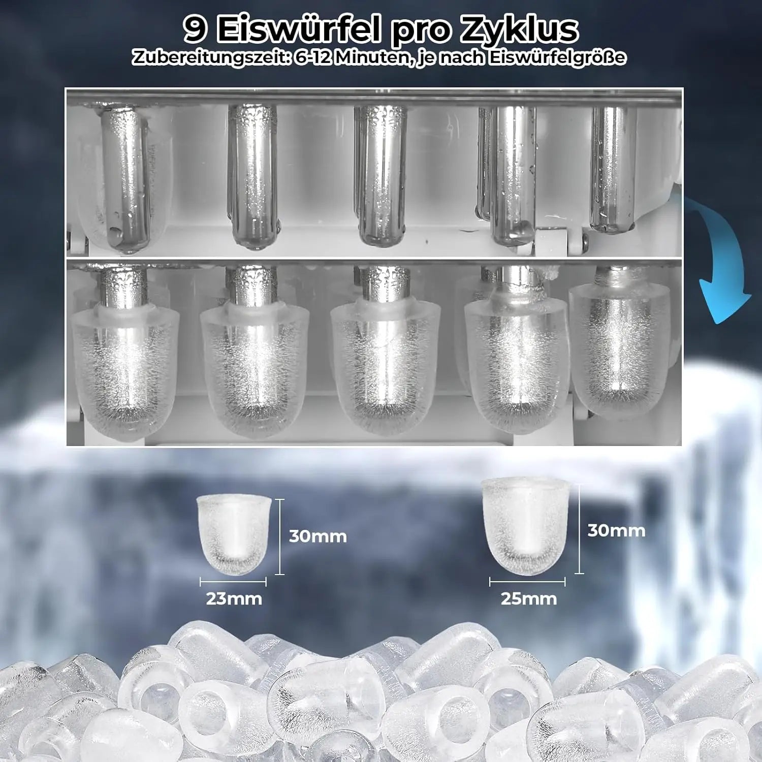 Edelstahl-Eiswürfelmaschine von EISORA, mit detaillierten Maßangaben und Eiswürfel-Nahaufnahme.
